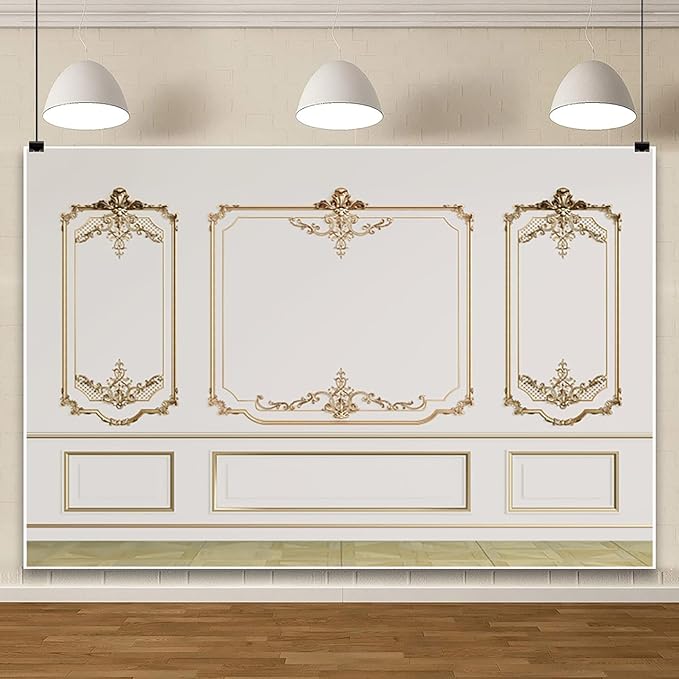 AOFOTO Vintage Room Inside Backdrop Modern French Classic Frame White Walls Gold Embossed Floral Photo Background Wedding Bridal Shower Reception Drama Portrait Photoshoot Backdrop Props 5x3ft