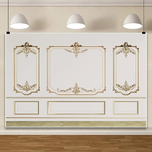 AOFOTO Vintage Room Inside Backdrop Modern French Classic Frame White Walls Gold Embossed Floral Photo Background Wedding Bridal Shower Reception Drama Portrait Photoshoot Backdrop Props 5x3ft