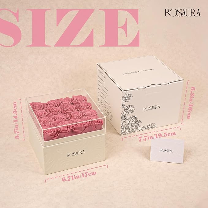 Rosaura Square Preserved Roses Gift Box - Real Forever Flowers in Clear Acrylic Lid, Valentine's for Women (Pink, 16 Roses)