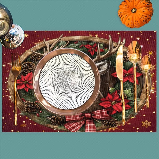 Xmas Christmas Reindeer Poinsettia Red Placemats Set of 4 PVC Vinyl Non Slip Table Mats Heat Resistant Place Mats Washable Wipeable Dining Table Mat for Kitchen Party Indoor Outdoor Decorative Gift
