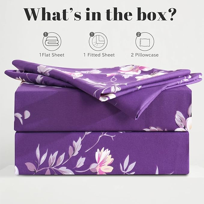Bedlifes Full Sheet Set Ultra Soft, Breathable, Silky Flower Deep Pocket 100% Microfiber Bedding, 4 Piece Full Size Dark Purple Floral