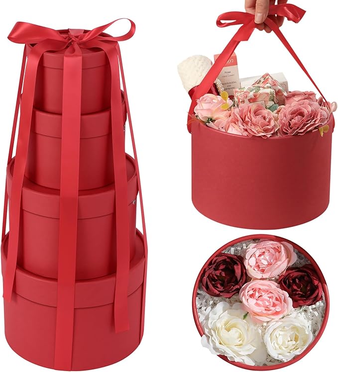 ROSEGLD Round Gift Boxes with Lids Set of 4, Luxury Gift Boxes with Ribbons Assorted Sizes, Nesting Gifts Boxes for Flowers Arrangements, Wedding, Party (Matte Red)