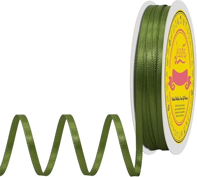 Double Face Spring Moss Satin Thin Ribbon 1/8 inch X 50 Yards Polyester Spring Moss Ribbon for Gift Wrapping Very Suitable for Weddings Party Hair Bow Invitation Decorations and More