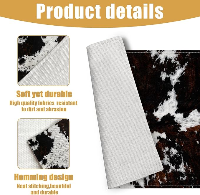 Cowhide Skin Placemats Set of 6, Cow Print Linen Place Mat Washable Stain Resistant Table Mats for Farmhouse Kitchen Dining Party Wedding Decor 12x18 Inch