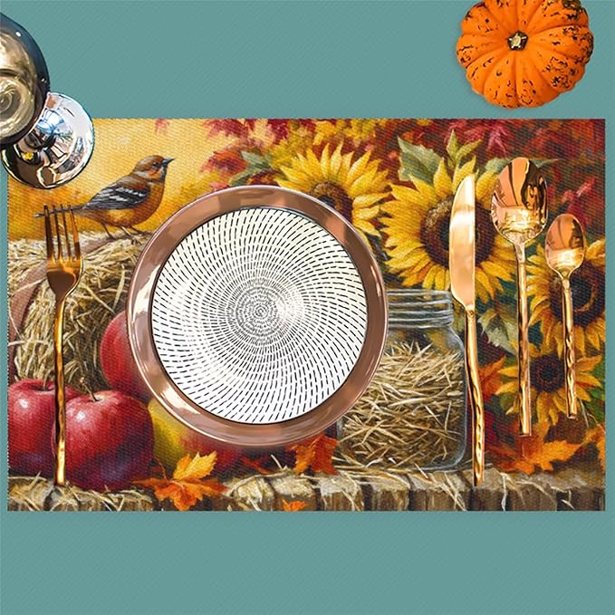 Autumn Apple Flower Sunflower Placemats Set of 4 PVC Vinyl Non Slip Table Mats Heat Resistant Place Mats Washable Wipeable Dining Table Mat for Kitchen Decor Party Indoor Outdoor Decorative Gift