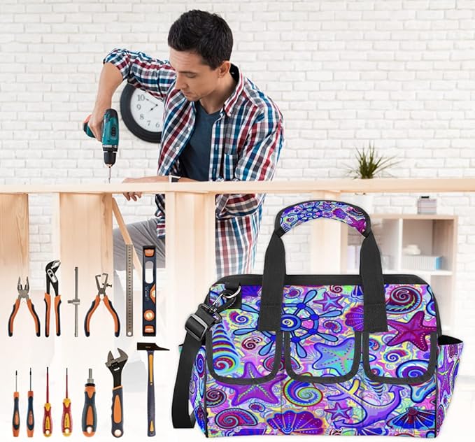 Marine Nautical Violet Pink Blue Tool Bag for Men Women Heavy Duty Multi-Pockets Wide Mouth Tool Tote Waterproof Tool Bag Organizer with Adjustable Shoulder Strap