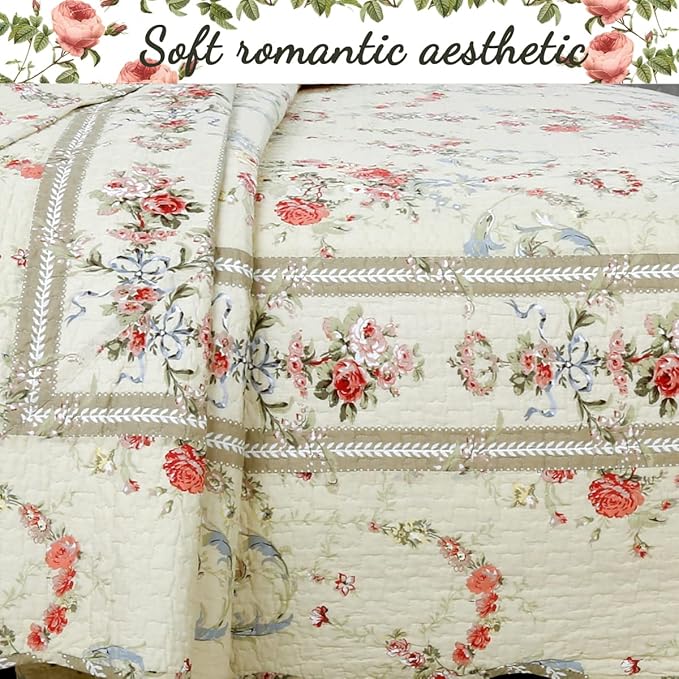 Cozy Line Home Fashions Khaki Cream Yellow Floral Blooming 100% Cotton Reversible Quilt Bedding Set Coverlet Bedspread (Rose Romance, Queen - 3 Piece)