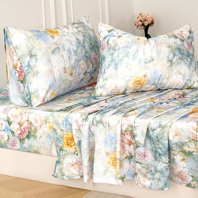 Zusbest King Size Sheets Luxury Floral Bed Sheet Set 100% Cotton, Satin Weave Soft Breathable for Hot Sleepers Romantic Peony Flowery Printed Cottagecore Bedding Deep Pocket 17.5‘’ Bed Set 4Pcs