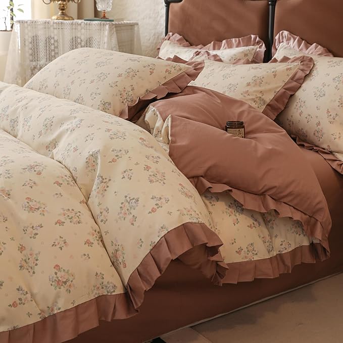 Rose Flower Duvet Cover Twin Girls Romantic Floral Bedding Set with Dusty Pink Ruffles 100% Cotton Floral Comforter Cover 1 Twin Duvet Cover with 2 Pillowcases Botanical Flower Ruffle Bedding Set