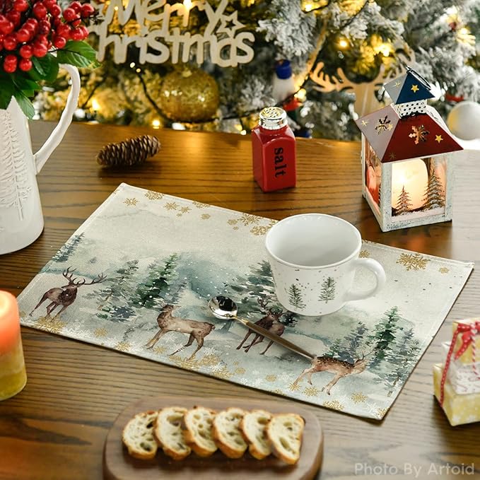 Artoid Mode Watercolor Deer Trees Snowflakes Christmas Placemats Set of 12, 12x18 Inch Seasonal Winter Table Mats for Party Kitchen Dining Decoration