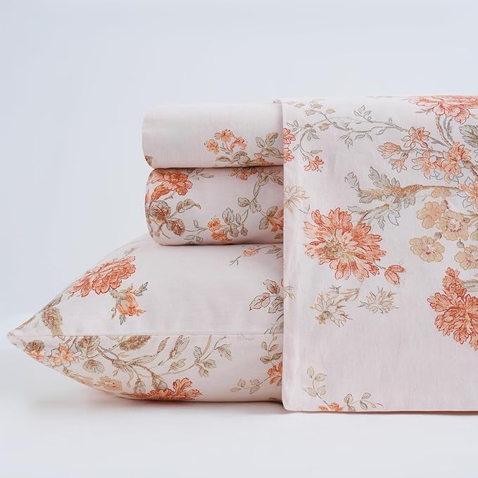 Zusbest Full Size Floral Bed Sheets 100% Percale Cotton Orange Brushed for Extra Softness, Breathable Luxury Flannel Sheets Like Shabby Vintage Flower Print Deep Pocket Fitted Sheet 17.5'' 4 Pcs