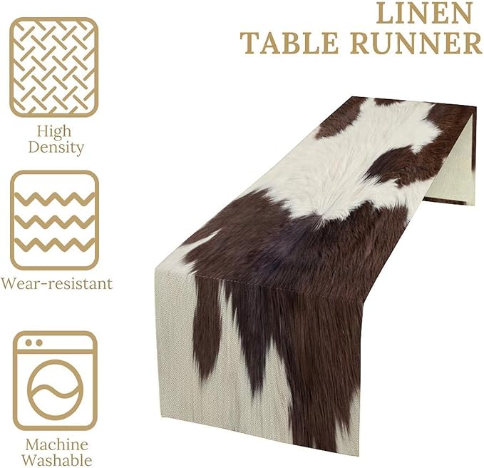 Cow Skin Print Table Runner, Rustic Farmhouse Cottage Country Animal Fur Skin Western Style Brown Cowhide Print Dinner Runner Table Decoration for Home Kitchen Dining 13x70in
