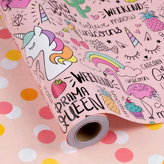 Burymento Pink Unicorn Wrapping Paper, Reversible Dot Design Gift Wrap for Birthday, Valentines, Mothers day, Graduation, Wedding, Fathers day, Baby Shower, Christmas (17 IN x 32.8 FT)