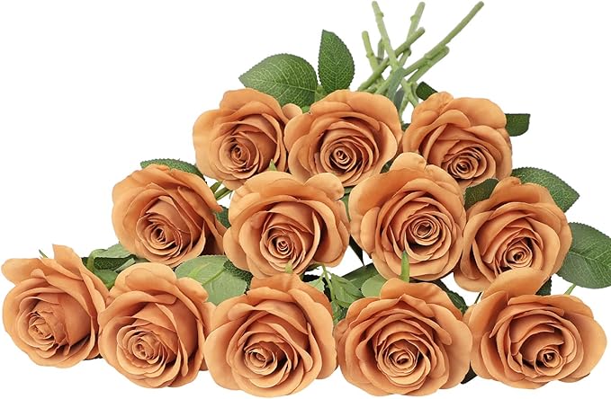 12pcs Roses Artificial Flowers Terracotta Fake Roses Flowers with Long Stems Silk Flowers for Wedding Bouquet Centerpices Decorations Party Bridal Baby Shower Home Decor