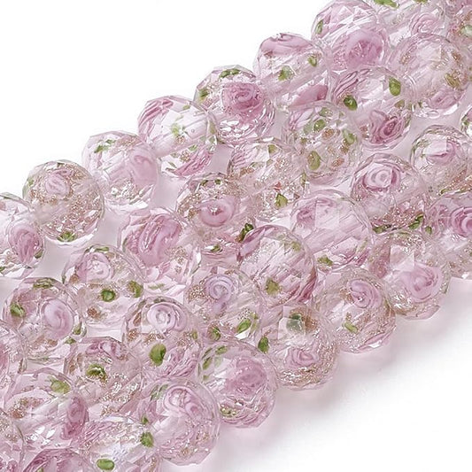 PH PandaHall 60pcs 8~10mm Pink Rose Lampwork Beads Gold Sand Glass Beads Flower Glass Beads 1.5~2mm Hole Floral Handmade Lampwork Beads Round Loose Beads for Rosary Making Jewelry Craft Making