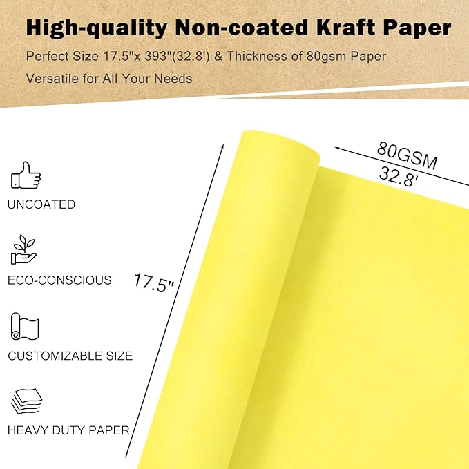 RUSPEPA Kraft Paper Roll - 17.5 inches x 32.8 feet - Recyclable Paper Perfect for Wrapping, Craft, Packing, Floor Covering, Dunnage, Parcel, Table Runner, Yellow