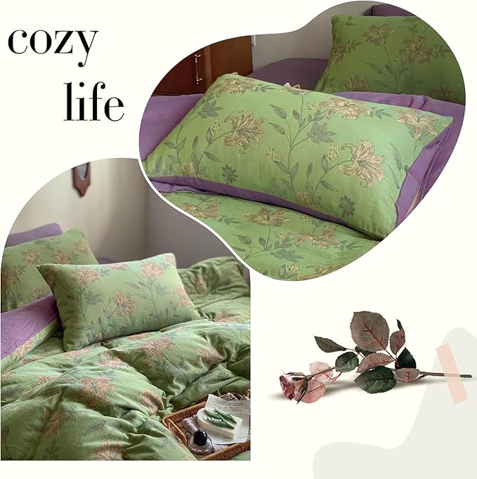 VM VOUGEMARKET Green Duvet Cover Set Full,Lily Flower Jacquard Duvet Cover with 2 Pillowcases 3Pcs Yarn-Dyed Linen Cotton Green Purple Bedding Set for Teens Girls Without Comforter-80 x90