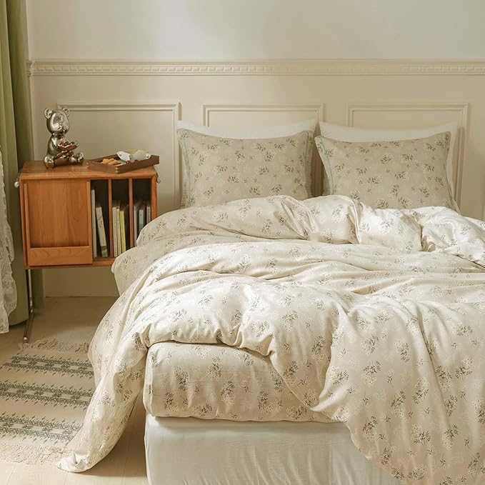 Beige Comforter Set Queen Garden Flower Comforter with 2 Pillow Shams Aesthetic Botanical Bedding Set Boho Floral Comforter Set 90x90 Inch