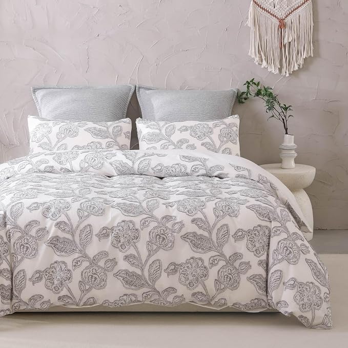meadow park Cotton Clipped Jacquard Duvet Cover Set King, 3 Pieces Jacobean Floral Bedding Set (Grey, King)