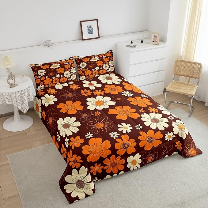 Castle Fairy 70s Groovy Flowers Comforter Set Twin Size,Hippie Retro Farmhouse Plant Quilt Set for Kids Boys Bedroom Collection,Brown White Yellow Floral Polyester Bedding with 1 Pillowcase,2Pcs