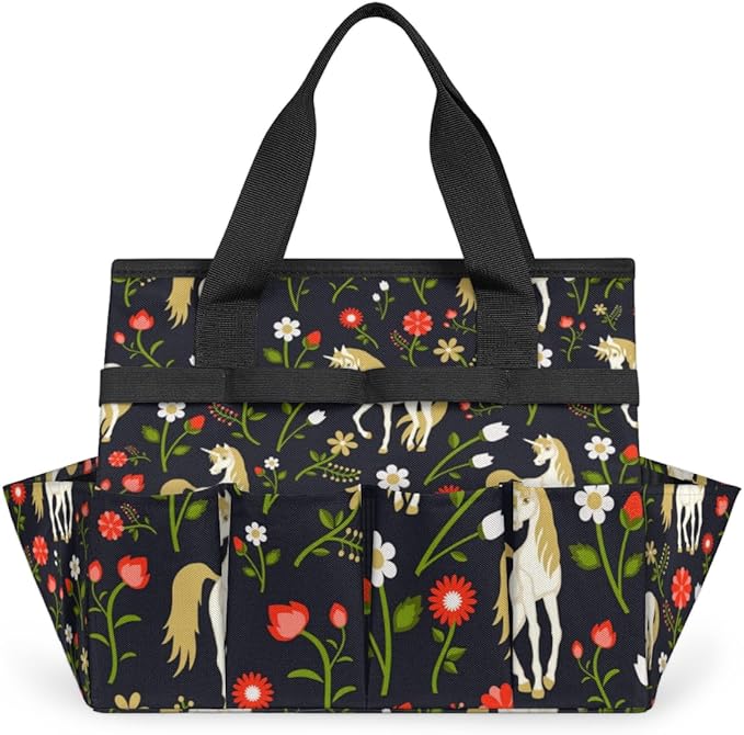 Garden Tool Tote Bag for Women Men Cartoon Horse Flowers Gardening Tool Storage Bags with 10 Pockets Standable Garden Home Tool Kits Organizer for Indoor Outdoor Gardening Gifts