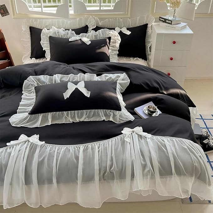 Girls Lace Bedding,Queen Comforter Cover Set, Chic Ruffled Duvet Cover with Lovely Bow,Princess Style 1 Duvet Cover with 2 Pillowcases, No Comforter-Black,Queen Size