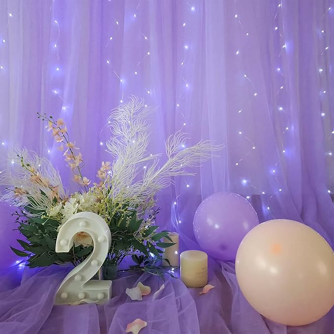 Lavender Tulle Photo Backdrop Curtain with Lights String for Parties Wedding Bridal Shower Sheer Lavender Curtain Backdrop for Birthday Party Baby Shower Photo Booth Photography 20ft x 10ft