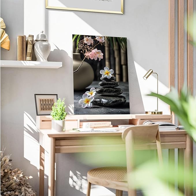 A harmonious black stone stack paired with white and pink flowers bamboo and ceramic vases creates a tranquil Zen decor for minimalist homes and mindful spaces 16x24in Frameless