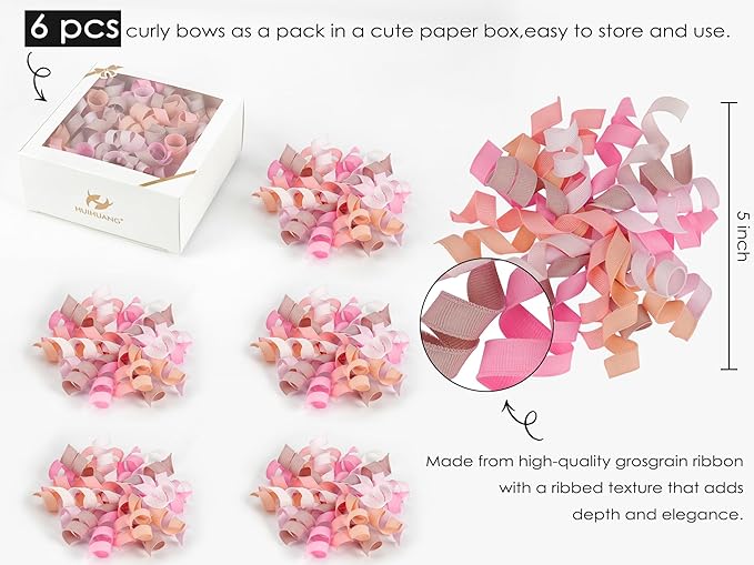 HUIHUANG Dusty Pink & Rose Bows for Gift Wrapping, Self-Adhesive Curly Ribbons for Presents, Wine Bottles, Treat Bags, Birthday & Wedding Favors - 6 Counts