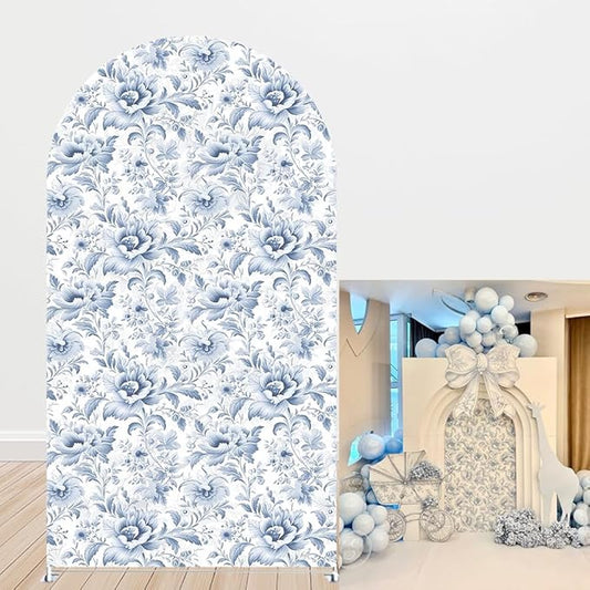 French Toile Arch Backdrop Cover Blue White Floral Baby Shower Birthday Party Elegant Vintage Theme Spandex Arch Stand Cover for Boys Newborn Celebration Tea Party Decor (G4260,7.2FT)