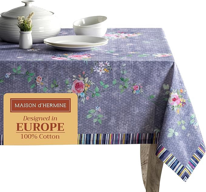 Maison d' Hermine Table Cloth Rectangle Table 100% Cotton 60 x 108 Inches Tablecloth for Dining Room, Farmhouse, Home, Party, Festive & Wedding Spring Summer - Sweet Rose Lavender - Country Garden