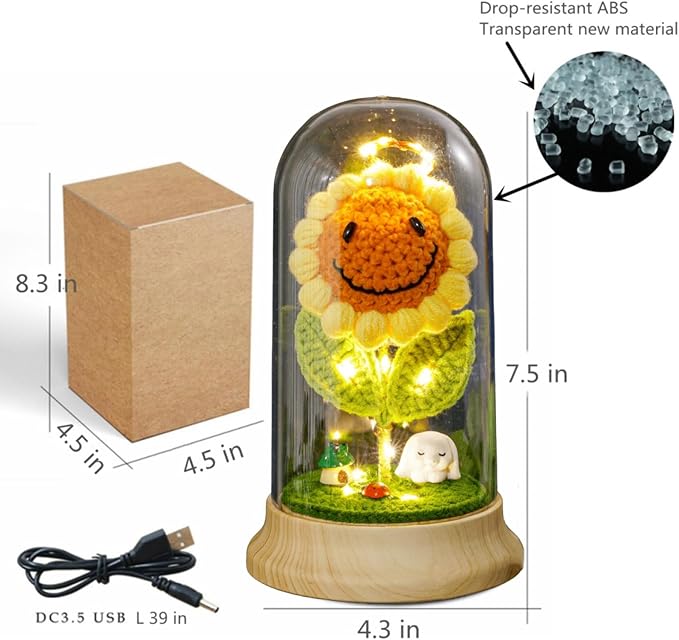 Levvohd Eternal Sunflower Gifts for Women, with Led Glass Dome Smiley Crochet Artificial Sun Flower Desk Decorations, for Her Mom Mothers Day Birthday Christmas Valentine Gifts (W 4.3" X H 7.5")
