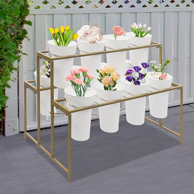 Flower Display Stand with 12 Pcs Buckets 3 Layers Metal Plant Stand Plant Cart Shelf Flower Bucket Rack Stand for Indoor Florist Garden Patio (Gold Stand-White Round Buckets)