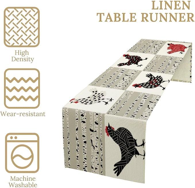 Farmhouse Rooster Table Runner, Rustic Farm Animals Funny Chicken Dinner Runner for Country Farmhouse Home Kitchen Dinner Table Party Decoration 13x60in