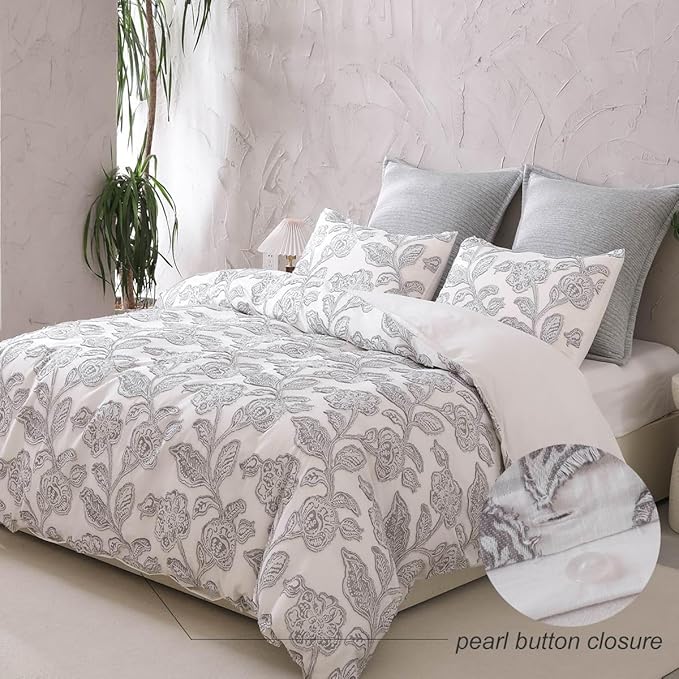 meadow park Cotton Clipped Jacquard Duvet Cover Set Queen, 3 Pieces Jacobean Floral Bedding Set (Grey, Queen)