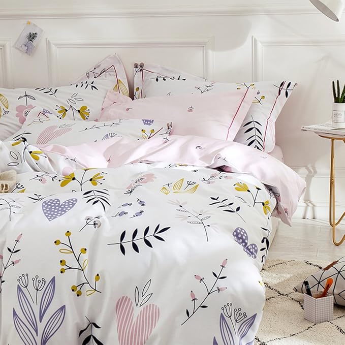Girls Boho White Pink Floral Duvet Cover Queen Bedding Sets Cotton Comforter Cover Chic Flower Branches Bedding Sets with 2 Pillowcases