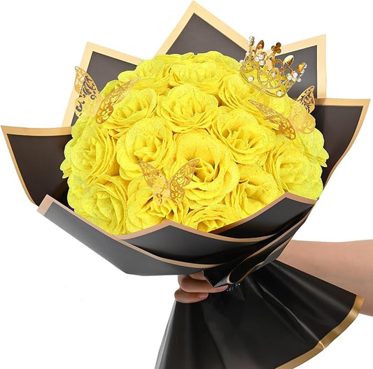 Waipfaru Glitter Roses Bouquet, DIY Yellow Fake Flowers Bouquet, Birthday Gifts for Women Mom, 24 Pcs Rose for Grandma Wife Girlfriend Valentines, Mothers Day, Anniversary, Graduation