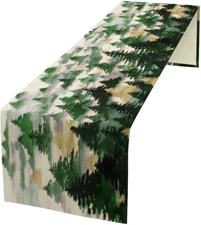 Watercolor Green Pine Trees Table Runner, Forest Woodland Tabletop Scarf Home Kitchen Holiday Decor, Seasonal Farmhouse Rustic Dining Decorations Party Supply 13 X 120 Inch