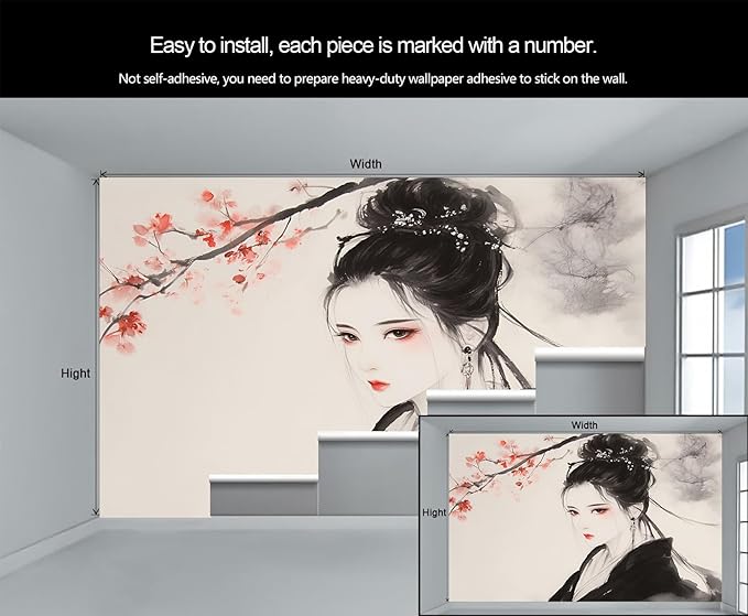 Asian Woman Wall Mural, Oriental Japanese Woman 3D Wall Murals, Ink Style Art Wallpaper Mural, for Living Room Bedroom Large Wallpaper Indoor Decor 177.16" W x120 H