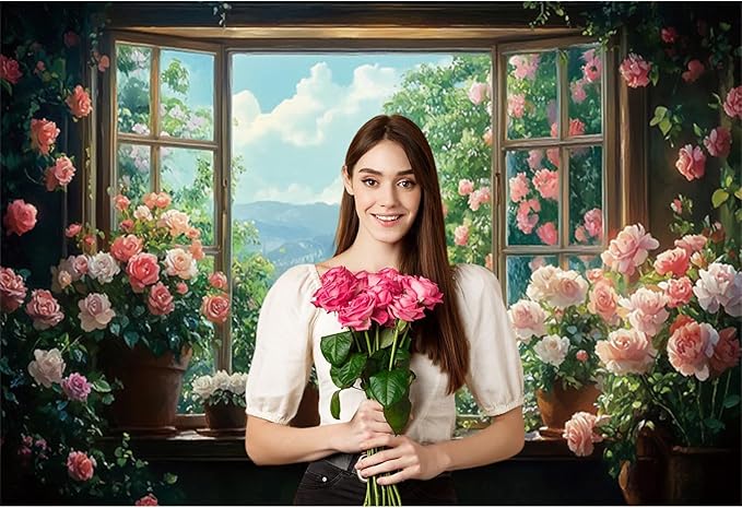 Baocicco 12x10ft Flowers Windowsill Photography Background Spring Floral Retro Oil Painting Photo Backdrop for Valentines Mothers Day Birthday Wedding Party Decorations Girls Women Portraits