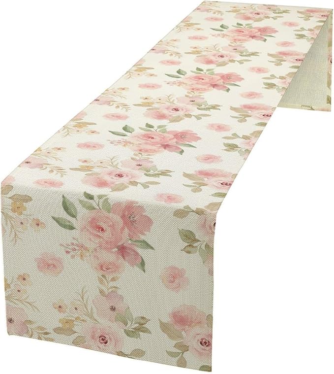Vintage Rose Table Runner, Watercolor Romantic Pink Floral Blossoms Table Runner for Kitchen Dining Holiday Party Home Decor, 13x60 Inch