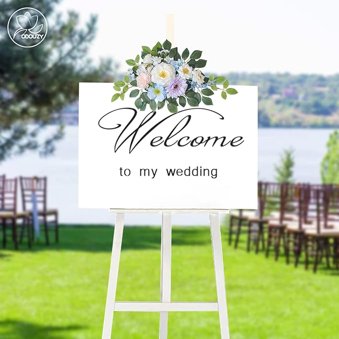 Wedding Arch Flowers Kit,Artificial Flower Arch Decor (Set of 3),2pcs Artificial Flower Arrangement with 1pc Sheer Drape for Wedding Decor Reception Backdrop Floral Decorations (Sky Blue)
