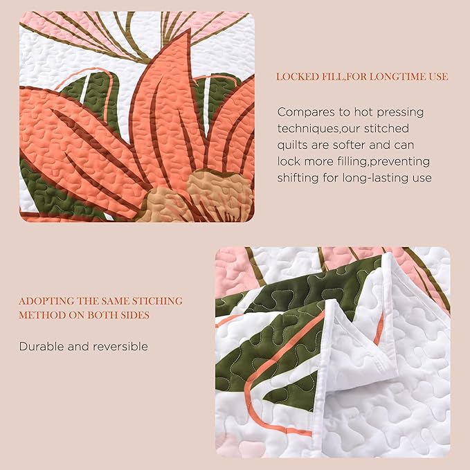 Andency Floral Boho California King Quilt Bedding Set Pink, 3 Pieces Farmhouse Flower Botanical Summer Oversized King Bedspreads, Soft Reversible Lightweight Microfiber Coverlet Set, 104"x112"