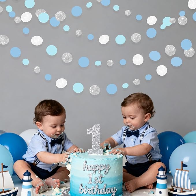 Dusty Blue Silver White Polka Dots Garland Hanging Paper Circle Dot Streamer for Nautical Baby Shower Birthday Wedding Engagement Bridal Shower Retirement Graduation Hen Party Decorations Supplies
