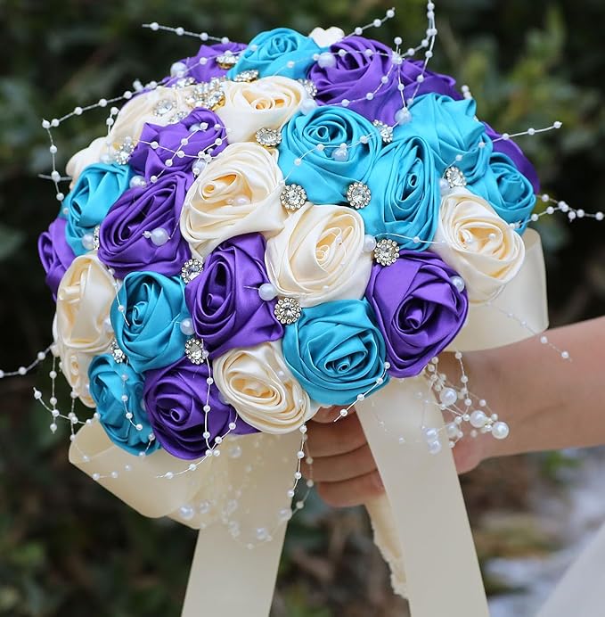Bridal Wedding Bouquet Round Bling Brooch Bouquet Throw Toss Artificial Rose Flower Bunch for Bride Bridesmaid Wedding Quinceanera(Teal Blue, Purple & Cream, 8.7")