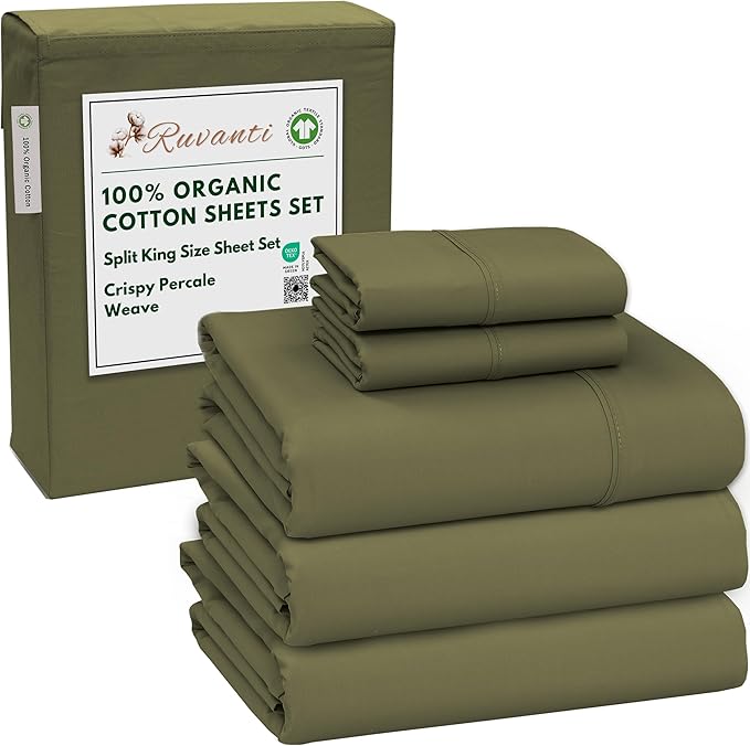 RUVANTI 100% Organic Cotton Sheets Split King, Percale Weave, GOTS Certified, 5-Piece Set, Deep Pocket 15", Crisp & Breathable, Soft Durable Bedding, Sábanas Algodón Orgánico – Olive
