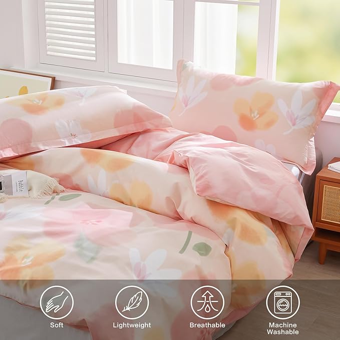 SAPHREAS Pink Floral Duvet Cover Set 3pcs King Size Botanical Blossom Flower Pattern Bedding Comforter Cover Set 100% Cotton 1 Duvet Cover 104"x90" 2 Pillow Shams, Comforter Not Included