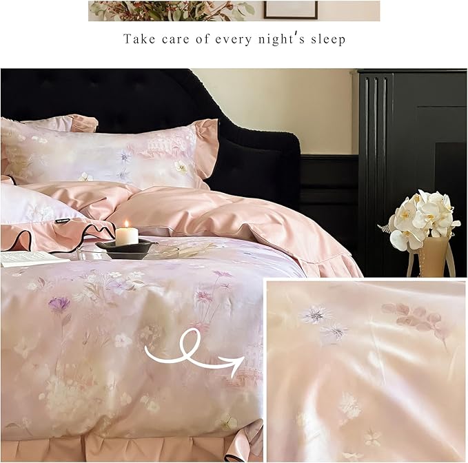 HighBuy Farmhouse Floral Ruffle Duvet Cover Set Twin Pink Ruffle Brushed Cotton Bedding with Zipper Closure,Shabby Vintage Bedding Set for Hot Sleepers - 1 Duvet Cover and 2 Pillowcases