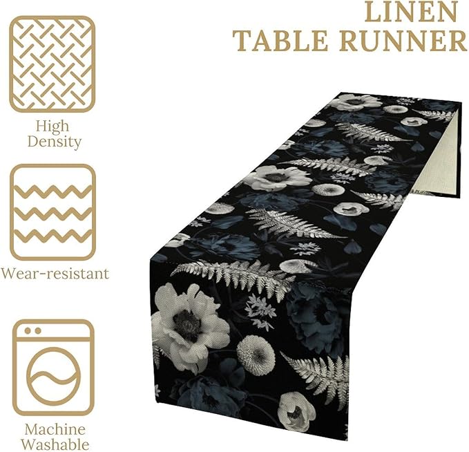 Vintage Floral Table Runner,Gothic Blue White Retro Floral Plant Print Table Runner for Home Kitchen Table Dining Indoor Outdoor Party Decor 13x108 Inch