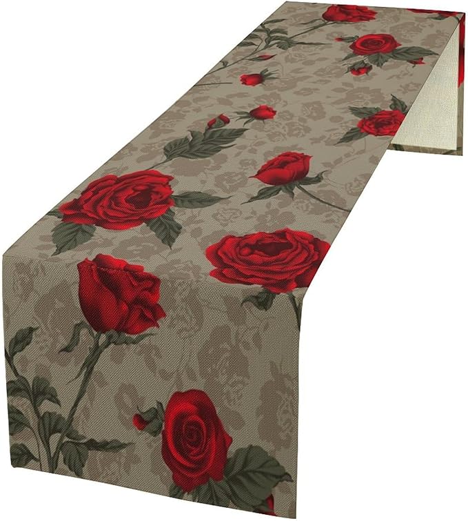 Red Rose Print Table Runner, Romantic Vintage Rose Spring Summer Dinner Runner Table Decoration for Home Kitchen Dining Holiday Wedding Party 13x70in
